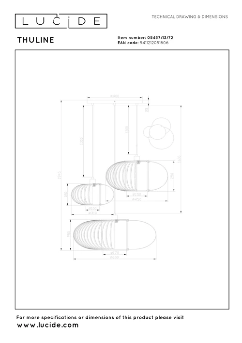 Lucide THULINE - Lámpara colgante - 1xE27 - Madera ligera - Essential - técnico